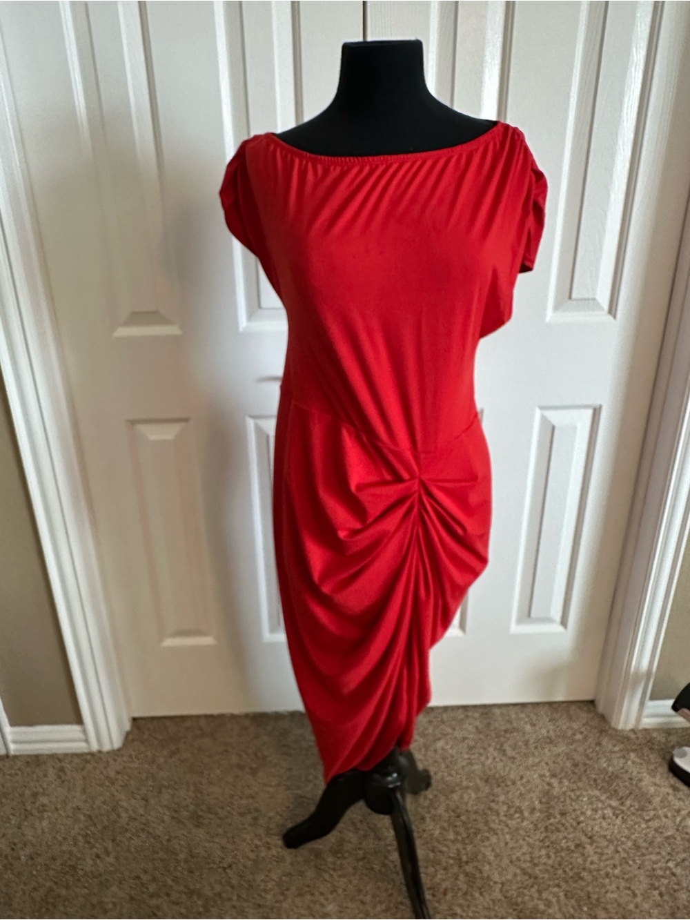 Red Ruched Midi Dress with Side Knot Detail